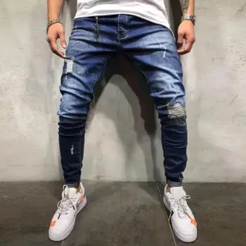 2019 Verão Homens de Jeans Skinny, o Slim Fit Straight Rasgado Angustiado Plissado Joelho Buraco Calças Jeans Azul Escuro Stretch Jeans Lápis