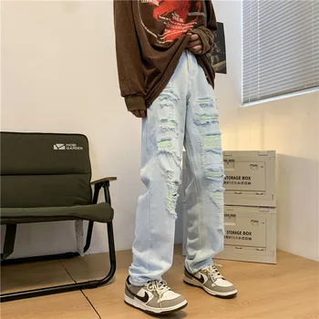 ZCSMLL Japonês Jeans Maré Ins Ripped Jeans masculina Verão Solto Reta High Street Tendência Casual Hip-hop Grande perna de Calça