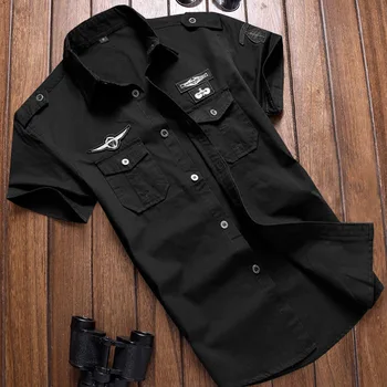Militares Camisa de Camisas masculinas Estilo Casual de Moda de Roupas de Algodão de Manga Curta Retrô Vintage 6XL Bordado Preto Drop Shipping
