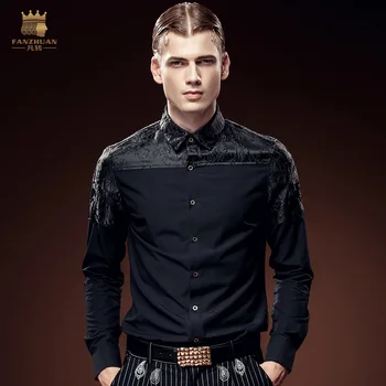 frete grátis novo dos homens de moda masculina casual, Partido da Juventude escuro jacquard de manga comprida de costura magro de camisa preta 612118 FanZhuan