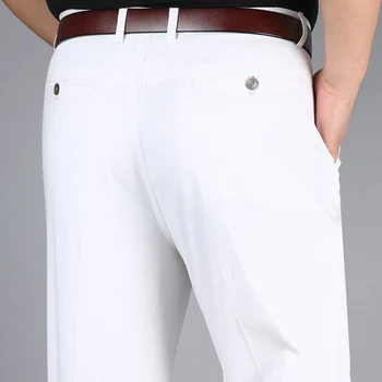A coleção primavera / Verão Reta Solta Fino de Algodão Casual Calças dos Homens de Cintura Alta Sólido Branco de meia idade, Vestido de Calças Masculina Respirável