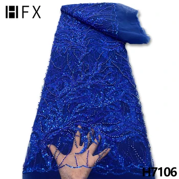 HFX Azul Royal Luxo Frisado de Lantejoulas Tecido do Laço 2022 Bordado Nigeriano francesa, Tule Tecido do Laço Com Lantejoulas Casamento F7106