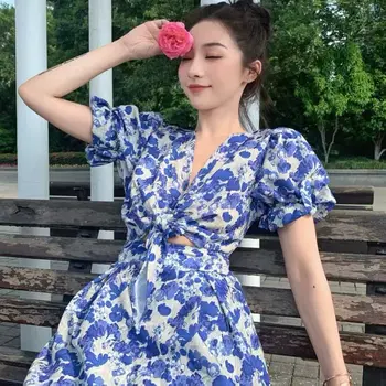 Mulher Nova Moda de Verão, estampa Floral com decote em V Manga Curta Sexy Curto A-line Vestido de Ocos coreano Roupas Vestidos D653