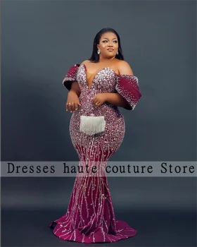 Aso Ebi de Paetês Borgonha Sereia vestido de festa Plus Size FORA Do Ombro Vestidos de Noite Nigéria Vestido de Festa Formal