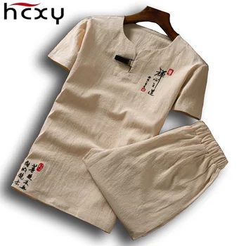 HCXY 2021 Nova Verão de Homens de estilo Chinês, o Terno de Manga Curta T-shirt + Shorts de um conjunto de Homens t-shirt de algodão Cheio de Suor Plus size 6XL