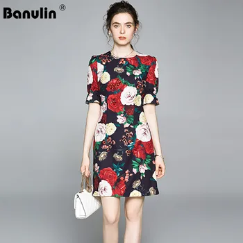Banulin 2020 luxo Pista Verão Vintage Jacquard Curto Vestido de Moda feminina Frisado Diamante Flor de Impressão Preto Mini Dressess