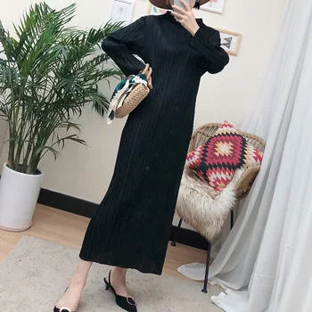 2021 outono de mulheres de manga longa, gola redonda vestido Miyak pregueado fino folda magro alta elasticidade de vestido para as mulheres