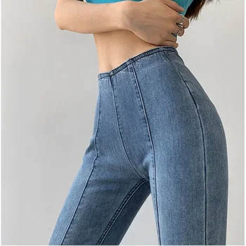 Mulheres jeans de cintura Alta stretch jeans Feminina skinny grande perna de calça fina linha de costura calças 2022 japonês jeans vintage das mulheres
