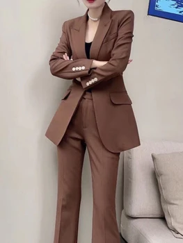 O Coreano Moda Vintage Mulheres Blazer Pantsuit Office Formal Botão Do Terno Casacos Em Linha Reta Calças Roupas Feminino 2 Peças Conjunto