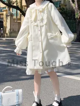 Inverno Quente Kawaii Doce Casaco De Mulheres Brancas Japonês Bonito Casaco De Lã Longo Do Sexo Feminino Gola Peter Pan Solta Estilo Coreano Sobretudo 2022