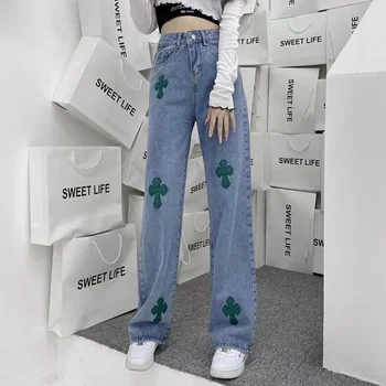 Mulheres Jeans Vintage de Perna Larga, Denim, Calças de Todos-jogo Primavera, Outono Cintura Alta Fêmea Reta Calças de Streetwear