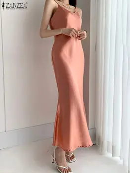 ZANAEA Mulheres Vestidos de 2022 Swing Gola Sexy Vestido de Cetim Moda Verão Funda Temperamento Sólido de Cor Elegante Vestido de Saia Longa
