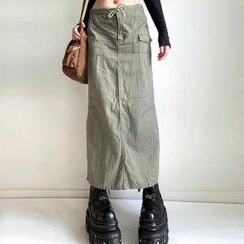 Harajuku Grunge Cordão Cintura Baixa Saia Midi de 90 00 Retro Dividir a Carga Saia Bolsos coreano Chique Mulheres do Vintage Streetwear