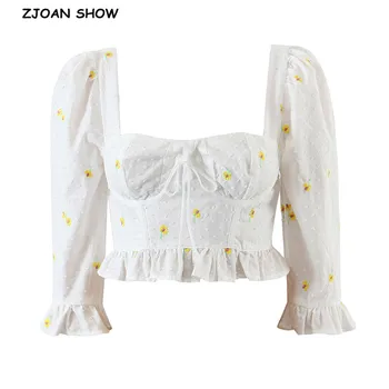 2021 Vintage Daisy Bordado de Flores Camisa Elástica Ruched de Volta Zipper Praça Colar de Meia Manga Curta Blusa parte superior do Tanque Tops