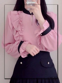 Mulheres Babados Bonito Tops Mauricinho Estilo Vintage Japão Coréia do Escritório de Design Meninas Botão Elegante Formal, Branco, cor-de-Rosa Camisas Blusas