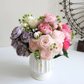 1 pacote de Seda Peônia buquê, decoração acessórios para Festa de casamento livro de recados falsos plantas diy pompons artificial rosas flores