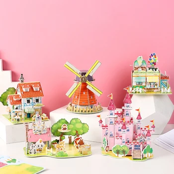 Crianças Educacional Quebra-cabeça da Menina Artesanal DIY 3D Castelo de Avião Assembleia Modelo de Menino de blocos de Construção de Brinquedo jardim de Infância Dom