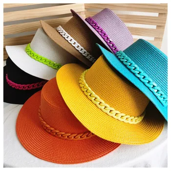 Macaron cor do chapéu de palha do chapéu de sol de topo plano coreano a cor da moda em cadeia com chapéu de acrílico, praia hat doce cor de chapéu de sol