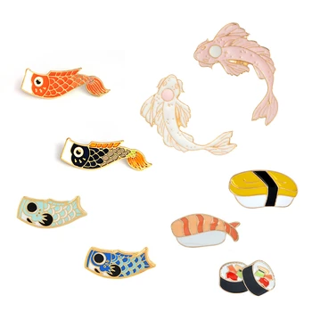 Estilo japonês Coleção de Esmalte Pinos Koi Lula Bandeira Broches de Mochila de Roupas Lapela Sushi de Salmão Emblema para o Saco de desenhos animados Jóias