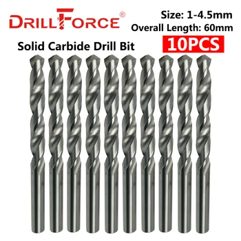 Drillforce 10PCS 1mm-4.5mmx60mm OAL Broca inteiriça de metal duro Conjunto de Bits, Brilhante Shank Rodada, o canal helicoidal de Torção de brocas Para Metal