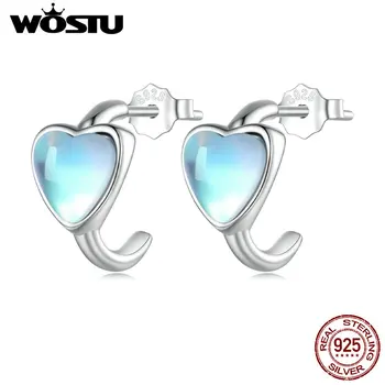 WOSTU 925 Silve em forma de Coração com pedra da lua Brincos Com Vidro Azul Cravo da Orelha para Mulheres Finas Jóias de Luxo de Festa Diária de Presente