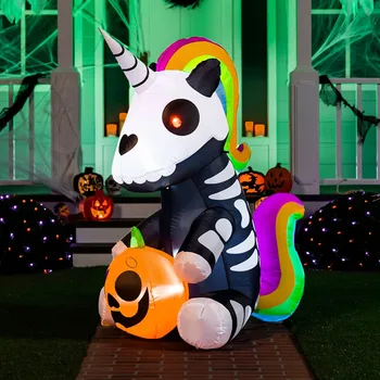 5FT Infláveis, Decoração de Halloween Inflatables Esqueleto Unicórnio LED Explodir Esqueleto Unicórnio Exterior de dia das bruxas Quintal de Brinquedos