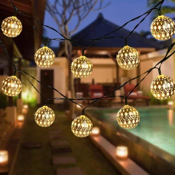 1.5/3M LED Ocos Coloridos Marroquino Bola Cadeia de Luz Solar, de Metal, Ferro de Fadas Lâmpada de Decoração de Festa de Casamento Decoração de Natal