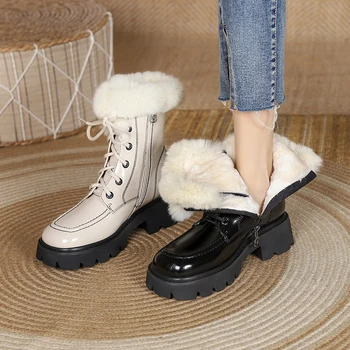 2022 Europeia de inverno, botas de couro natural e quente botas de neve 22-24.5 cm de couro+lã de tornozelo botas de laço na lateral do zíper de Lã, botas de