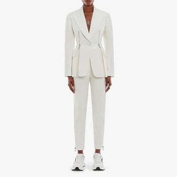 2022FW newwomen moda casual branco suitjacket alta qualityonebutton openzipperslim office trajeto de cor sólida roupa de duas peças