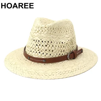 HOAREE Chapéu de Palha Artesanais Chapéu de Sol de Verão, Chapéus para Mulheres Aba Larga Fedora Jazz Cap Homens Unisex do Chapéu Panamá