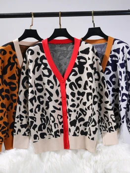 Casaquinho para as Mulheres de Outono Padrão de Leopardo das Mulheres Camisola tamanho grande Casaco de Malha com decote em V Solta Grosso Cardigan Feminino 2022