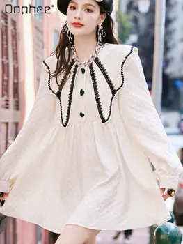 Mulher elegante Flor Midi Vestido Branco 2022 Outono Mulher Solta Dupla camada Colar comprido de Meados de Comprimento Vestidos de Camisa