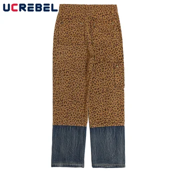 Leopard Print Denim de Mens de Calças de Streetwear Contraste com Painéis de Largas calças de Brim de Alta Rua Multi-Cor do Bolso o Bloco de Reta-perna de Calça