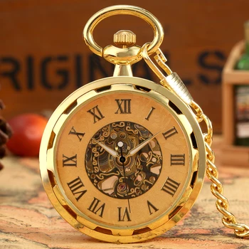 Royal Luxo de Ouro Mecânica Relógio de Bolso de Abrir a Tampa do Lado do Enrolamento Romano Número de Discagem em Cadeia de Jóias Horas do Relógio para Homens Mulheres
