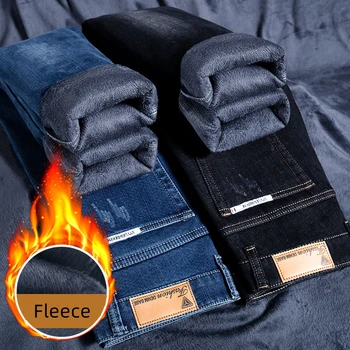 2022 Inverno masculina da Nova Marca Térmica Jeans Estilo coreano Slim Reta de Veludo Grosso Calça de algodão de Alta Qualidade em Preto Casual Calças