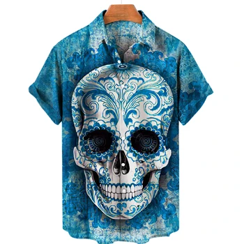 De verão, camisa de homem, para Havaiano Tops 3d do Crânio de Moda de Impressão Tee Hip Hop no Estilo de Lapela Único Breasted Blusas 5XL Camisas Casuais Quente
