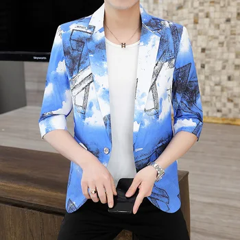 Moderno, bonito superior de uma peça homens de fino terno versão coreana do casual slim meados da manga do terno de impressão protetor solar jaqueta para homens