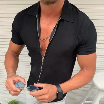 Camisas masculinas 2022 Verão de Homens Maré Nova Marca de Moda Simples de Cor Sólida Casual Manga Curta Zíper Camisa Cardigan