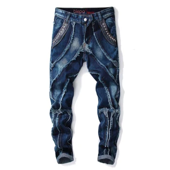 2021 Moda de Nova Mens Algodão Rasgado Patchwork Jeans Outono Casual Slim Jean Homme Homens Hip hop, Denim, Calças de pantalon homme