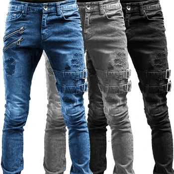 Homens Elástico Rasgado Magro Motociclista Calça Jeans Destruído Buraco Slim Fit Jeans Hip Hop Jeans Homens De Cintura Alta Jean Longo De Jeans, Calças Calças