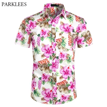 Havaianas Camisas de Mens Tropical e Rosa Floral Praia Camisa de Verão de Manga Curta Férias Roupa Casual Havaí Camisa de Homens EUA-Tamanho XXL