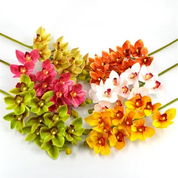 7pcs de Boa Qualidade Chinês Orquídea Cymbidium 10 cabeças Artificial Toque Real Orquídeas para o Casamento Centrais Flores Decorativas