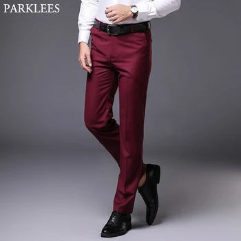 Mens Slim Fit Straight Vestido de Calças de 2022, a Marca Mini-frente Causal Calças Masculinas de Negócios Formal Pantalon de Vestir Hombre Vinho Vermelho