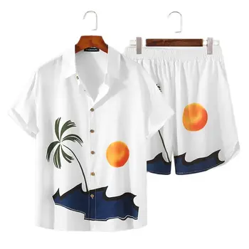 2022 Homens Impressos em 3D Praia Havaiana Camisa e Calça Conjunto de Lapela da Camisa de Manga Curta e Shorts de Homens, Roupas de Verão
