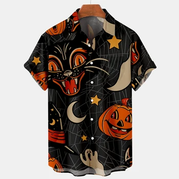 Havaianas Camisas masculinas Y2k hombre de Halloween Padrão de Manga Curta, Camisas para Homens de Rua Vintage Camisas de Harajuku Shirts Para os Homens, Camisa