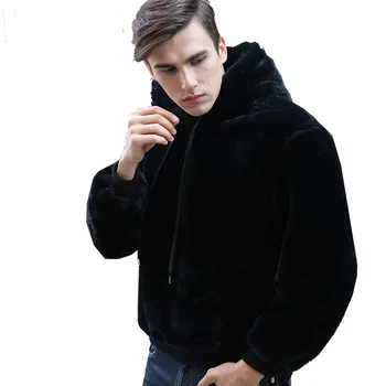 moda de peles artificiais de lã felpuda capuz homens casual preto plush com capuz camisolas de inverno de manga longa com capuz quente engrossar a coats