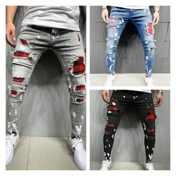 2022 Rua Nova calças de Brim dos Homens Trecho Solto Moda Calças de Meados de Cintura Riscado de Alta Qualidade Jeans
