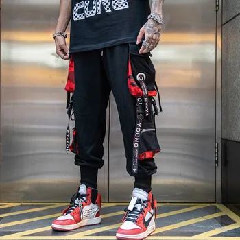 Homens de Hip Hop Black Calças Cargo corredores de Moletom Macacão Homens Fitas de Streetwear Calças de Harém de Mulheres Modas Calças