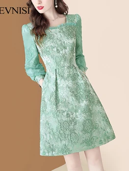 EVNISI Impressão Vestido Bordado Para as Mulheres Inverno Babados Praça de Colarinho Cintura Verde de Vestidos Florais Elegantes Vestidos Dama de Escritório