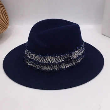 panamá Europeu e Americano Vento moda chapéu de lã ocultar azul chapéus personalidade sonho torcedura fita de seda amantes do chapéu